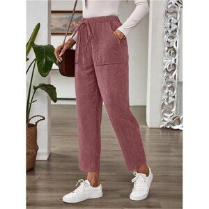 Women Casual Self-Tie Waist Stretch Corduroy Straight Leg Pants, For Autumn